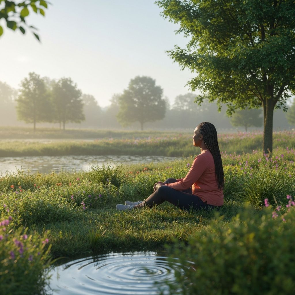 Serene landscape at dawn with a person peacefully observing nature