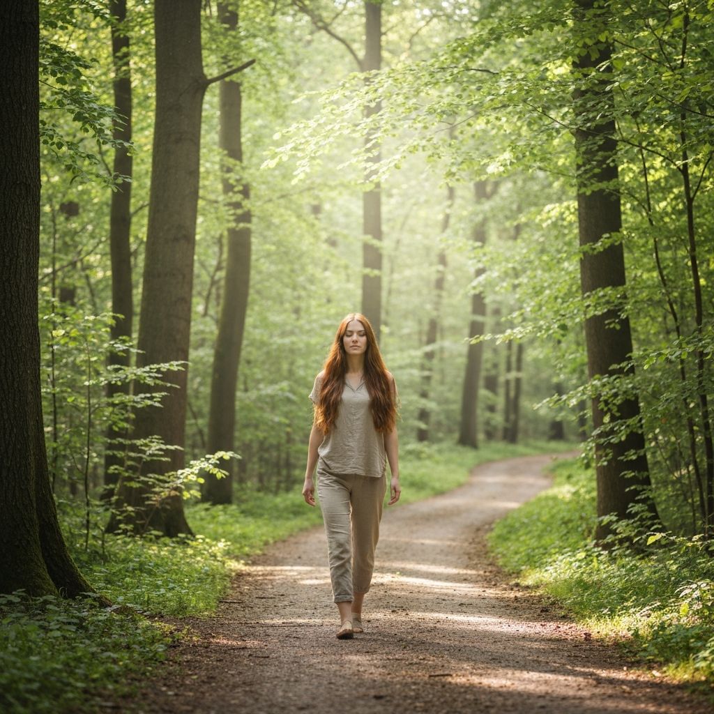 Person walking in serene landscape